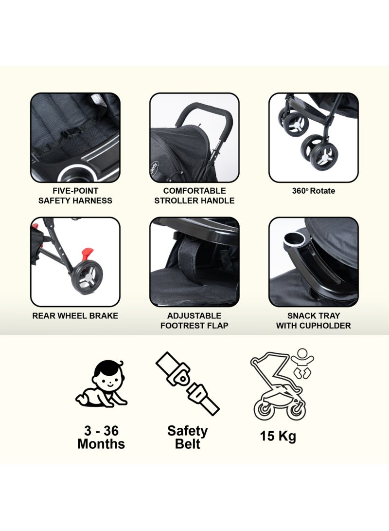 molody Lightweight Foldable Baby Stroller with Adjustable Reclining Seat and Canopy – 2-in-1 Compact Travel System for Newborns and Toddlers (0-3 Years), All-Terrain with Large Storage Basket and Safety Harness- Black - Image 4