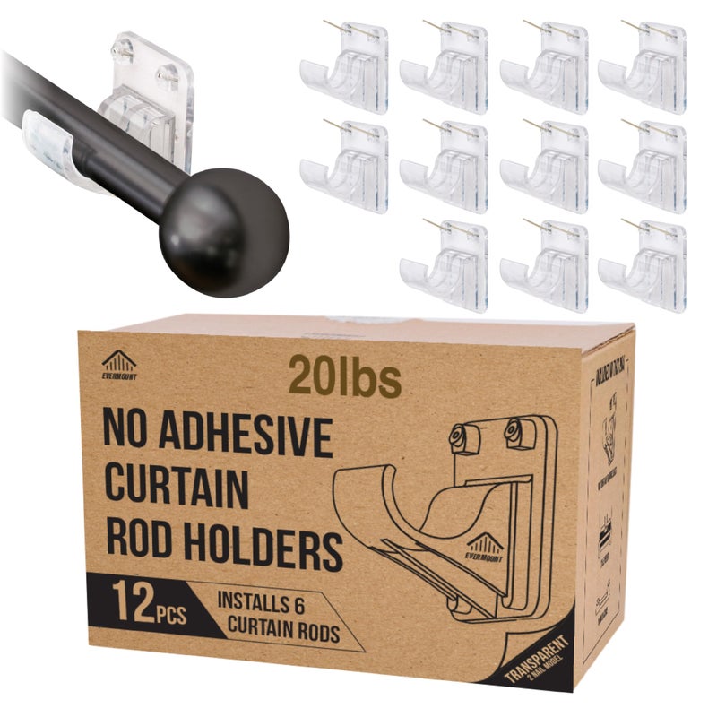 Evermount No Adhesive Heavy Duty Curtain Rod Holders with Wide Hook, 5X Stronger Than Adhesive Curtain Rod Hooks,Tension Curtain Rod Bracket for Wall with Pin Guide, Curtain Wall Mount (12 Pack, For 0.75" Rods) - Image 1