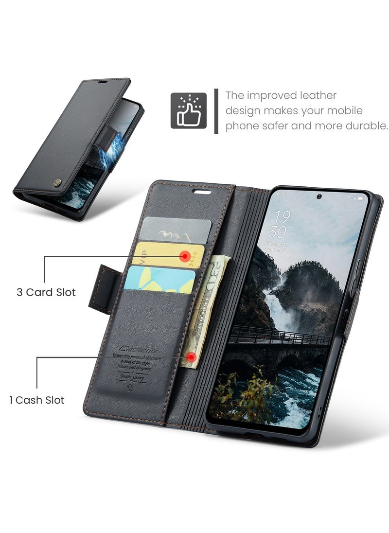 CaseMe Phone Case Luxury PU Leather Design Anti Fingerprint 023 Flip Cover Card Slot Holder Cover For Oppo Reno 13 5G (Black )  - Image 4