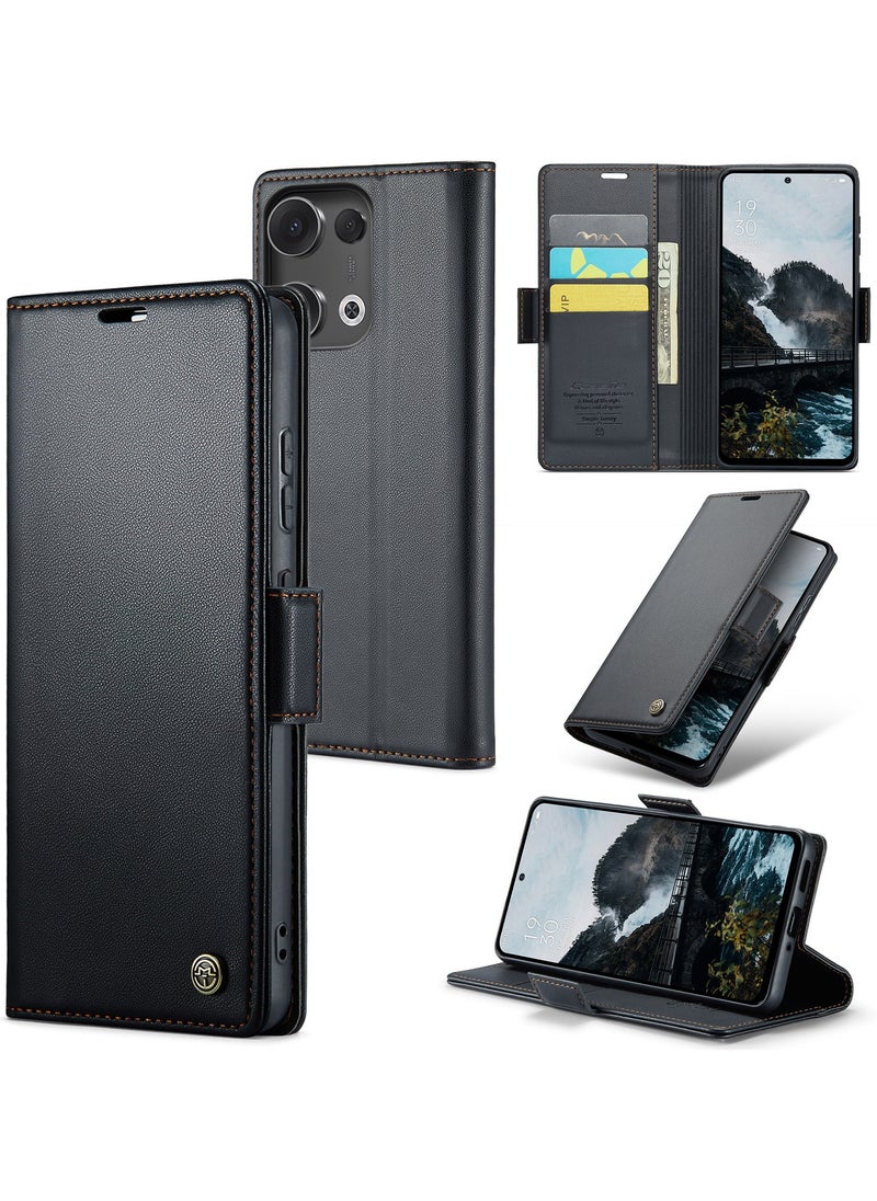 CaseMe Phone Case Luxury PU Leather Design Anti Fingerprint 023 Flip Cover Card Slot Holder Cover For Oppo Reno 13 5G (Black )  - Image 1