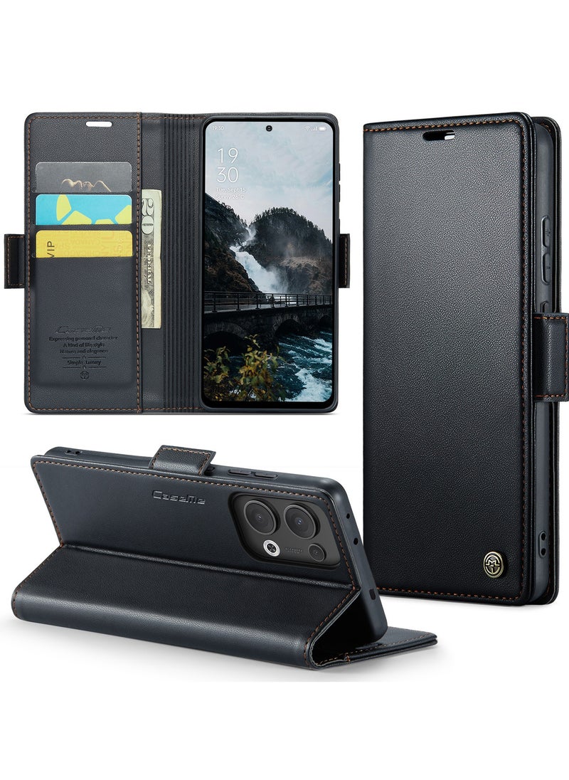 CaseMe Phone Case Luxury PU Leather Design Anti Fingerprint 023 Flip Cover Card Slot Holder Cover For Oppo Reno 13 5G (Black )  - Image 2