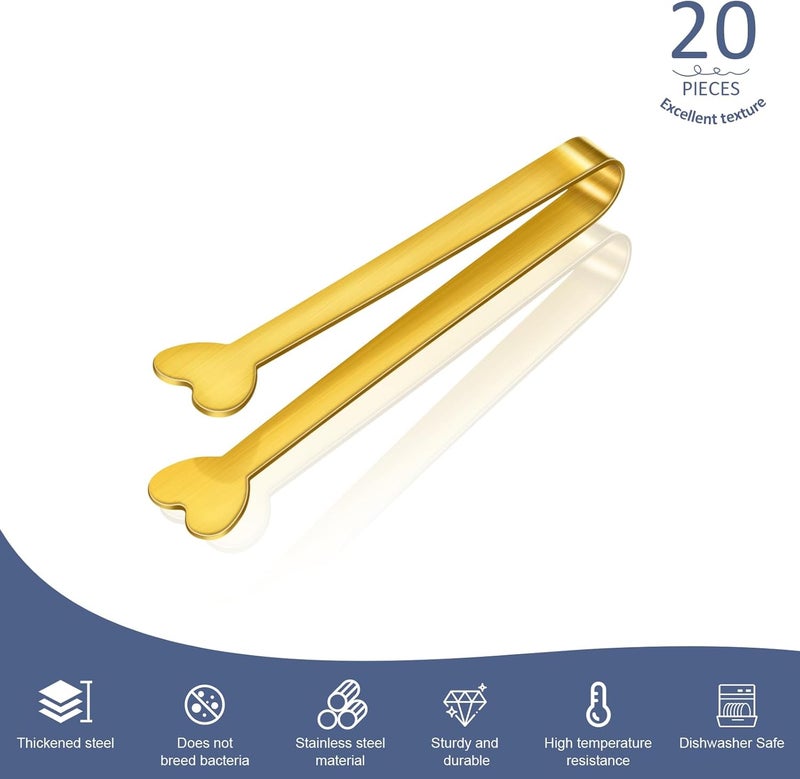 Lazycorner 20-Packs Mini Serving Tongs, Stainless Steel Small Appetizers Tongs, Metal Kitchen Tongs, Ice Sugar Tongs for Serving Food (5inch，Gold) - Image 2