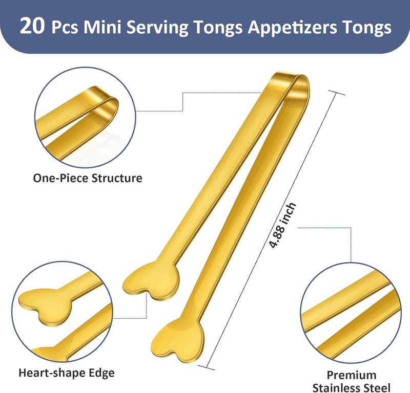 Lazycorner 20-Packs Mini Serving Tongs, Stainless Steel Small Appetizers Tongs, Metal Kitchen Tongs, Ice Sugar Tongs for Serving Food (5inch，Gold) - Image 3