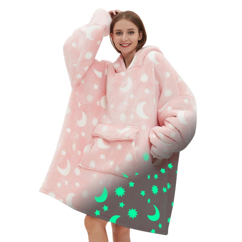 Fiosnow Glow in the Dark Star and Moon Blanket Hoodies for Women and Men Adult Fleece Sherpa Oversize Wearable Blanket Hoodies for Soft and Warm