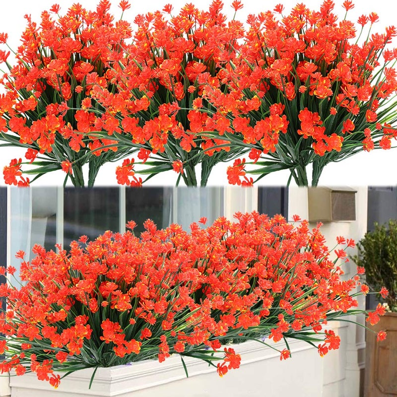 ArtBloom 20 Bundles Outdoor Artificial Fake Flowers UV Resistant Shrubs Faux Plastic Greenery for Indoor Outside Hanging Plants Garden Porch Window Box Home Wedding Farmhouse Decor Orange Red