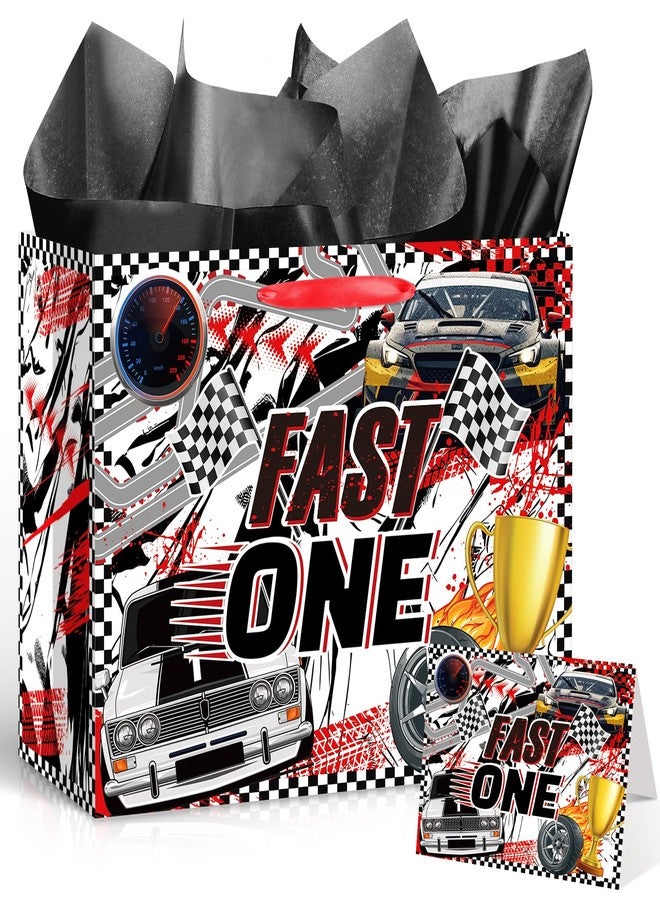 LUUFILx Race Car Gift Bag Fast One 1st Birthday Gift Bag for Boys Hot Car Party Favor Bags with Tissue Paper Greeting Card Racing Goodie Treat Bag for Wheel Party One Year Old Birthday Decorations Supplies - Image 1