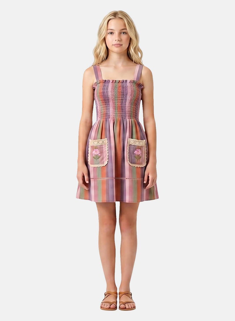 FOREVER 21 Girls' Striped Smocked Dress with Embroidered Pockets - Image 1