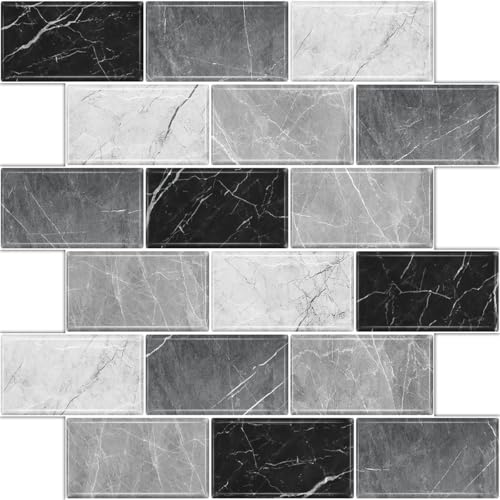 BSABSAQAA 10 Sheets Peel and Stick Backsplash for Kitchen 12X12 Renter Friendly Backsplash Back Splash Adhesive Subway Wall Tile Flat Vinyl Sticker for Bathroom Grey Marble Not 3D Tile - Image 1