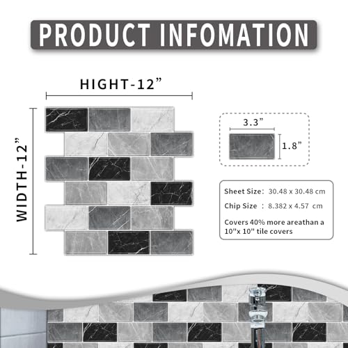 BSABSAQAA 10 Sheets Peel and Stick Backsplash for Kitchen 12X12 Renter Friendly Backsplash Back Splash Adhesive Subway Wall Tile Flat Vinyl Sticker for Bathroom Grey Marble Not 3D Tile - Image 3