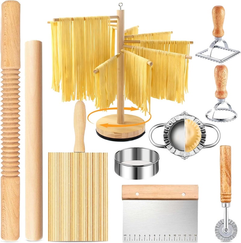DthwagfL 10 Pcs Pasta Making Tools, Pasta Making Kit with Pasta Drying Rack,2 Rolling Pins,Gnocchi Board,Pasta Cutting Tools,2 Ravioli Makers,Making Dumplings.All-in-One Pasta Making Accessories for Home - Image 1