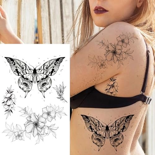 S.A.V.I 2PCS - Butterfly Tattoo Stickers Black Floral Temporary Tattoos, Elegant 22x15 cm Design for Men & Women - Image 2
