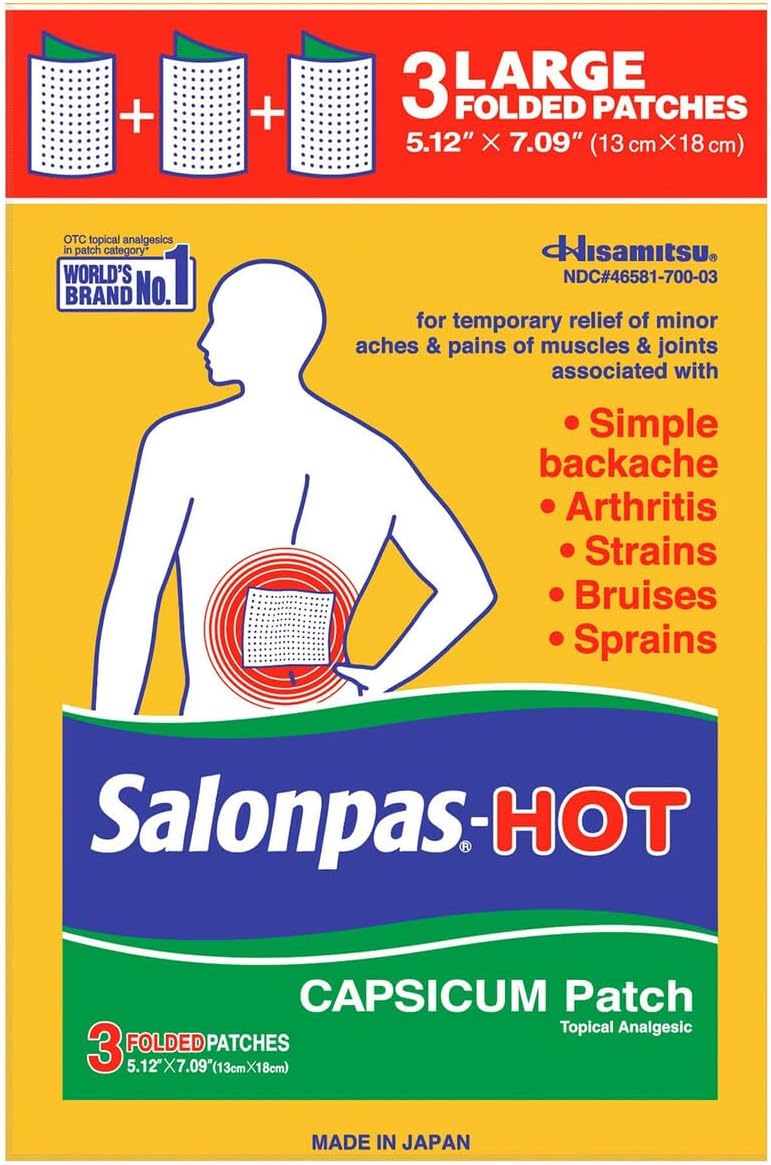 Salonpas Pain Relieving HOT Capsicum Patch, 3 Count (12 Pack), for Back, Neck, Shoulder, Knee Pain and Muscle Soreness, 8 Hour Pain Relief