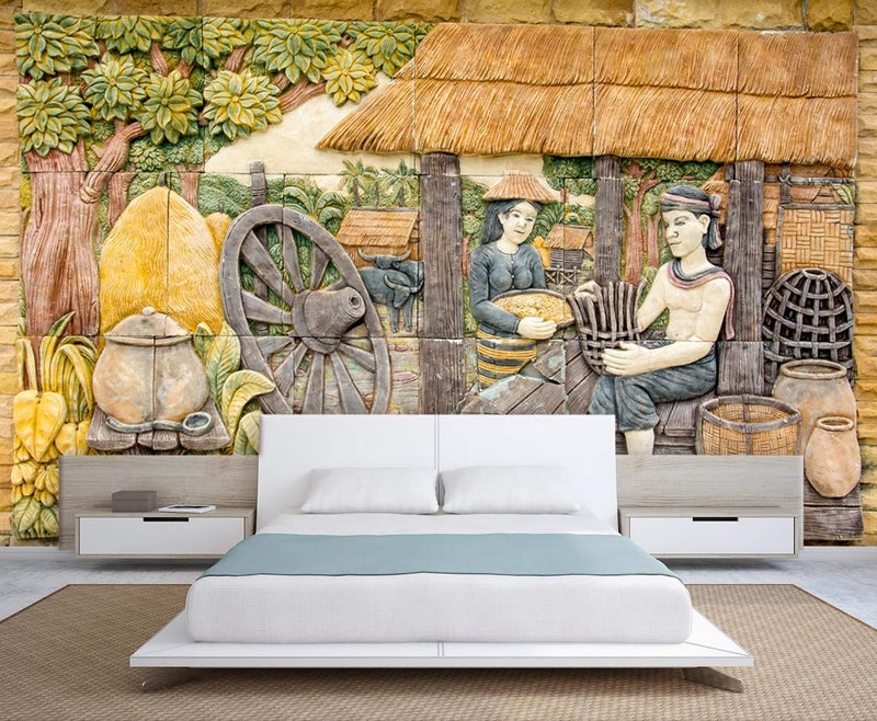 999STORE 3D Print Latest Door Living Room Bed Room Home Hall Wall Stickers Sheet roll Mural Village and Working People Mural Wallpaper for Walls Vinyl Self Adhesive 72X48 Inches NonW6401191 - Image 1