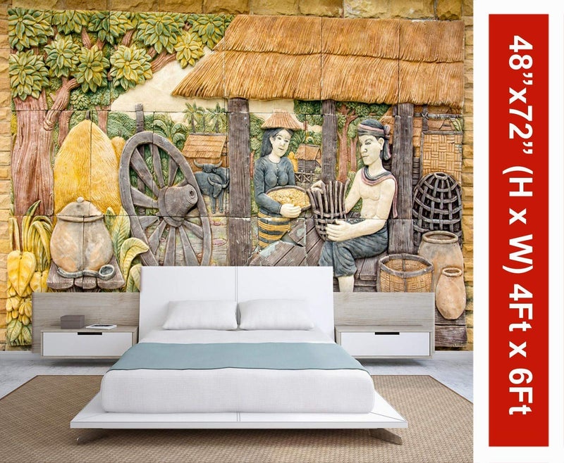 999STORE 3D Print Latest Door Living Room Bed Room Home Hall Wall Stickers Sheet roll Mural Village and Working People Mural Wallpaper for Walls Vinyl Self Adhesive 72X48 Inches NonW6401191 - Image 2