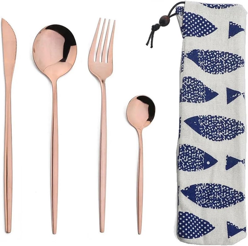 Portable 4Pcs Stainless Steel Tableware Cutlery Dinnerware Set With Bag Western Knife Fork TeaSpoon Kitchen Dinner Flatware(Matte White Gold) - Image 4