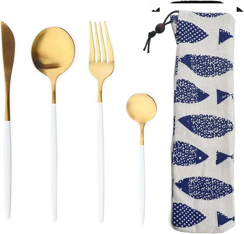 Portable 4Pcs Stainless Steel Tableware Cutlery Dinnerware Set With Bag Western Knife Fork TeaSpoon Kitchen Dinner Flatware(Matte White Gold) - Image 1