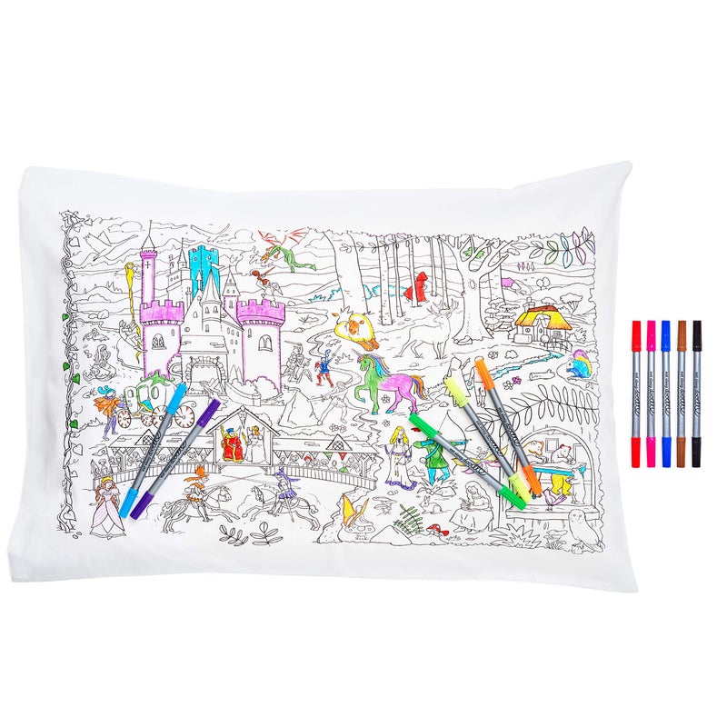 eatsleepdoodle eatsleepdoodle Fairytale Coloring Pillowcase for Kids w 10pk Washable Markers for Kids  30x20in Fairy Tale Kids Coloring Pillowcase  Ultra Washable  Reusable Arts and Crafts for Kids 
