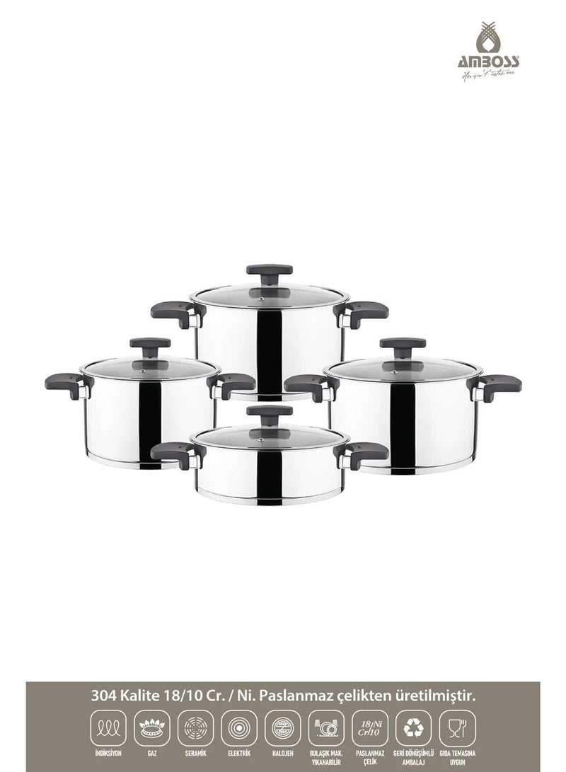 AMBOSS Enyo 8 Pieces Stainless Steel Cookware Set with Black Bakelite Handle Turkish Made - Image 1