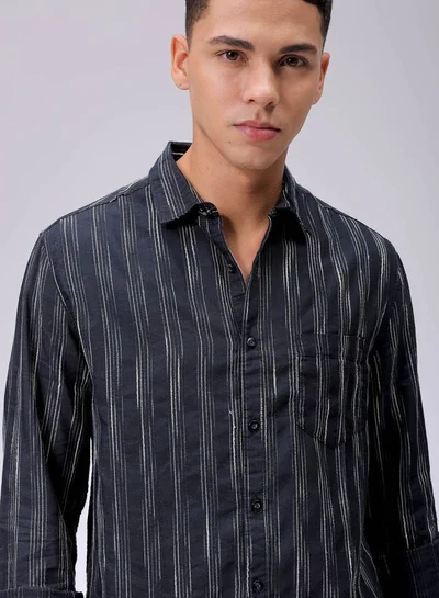 The Indian Garage Co Men Slim Fit Striped Full Sleeves Cutaway Collar Casual Shirt