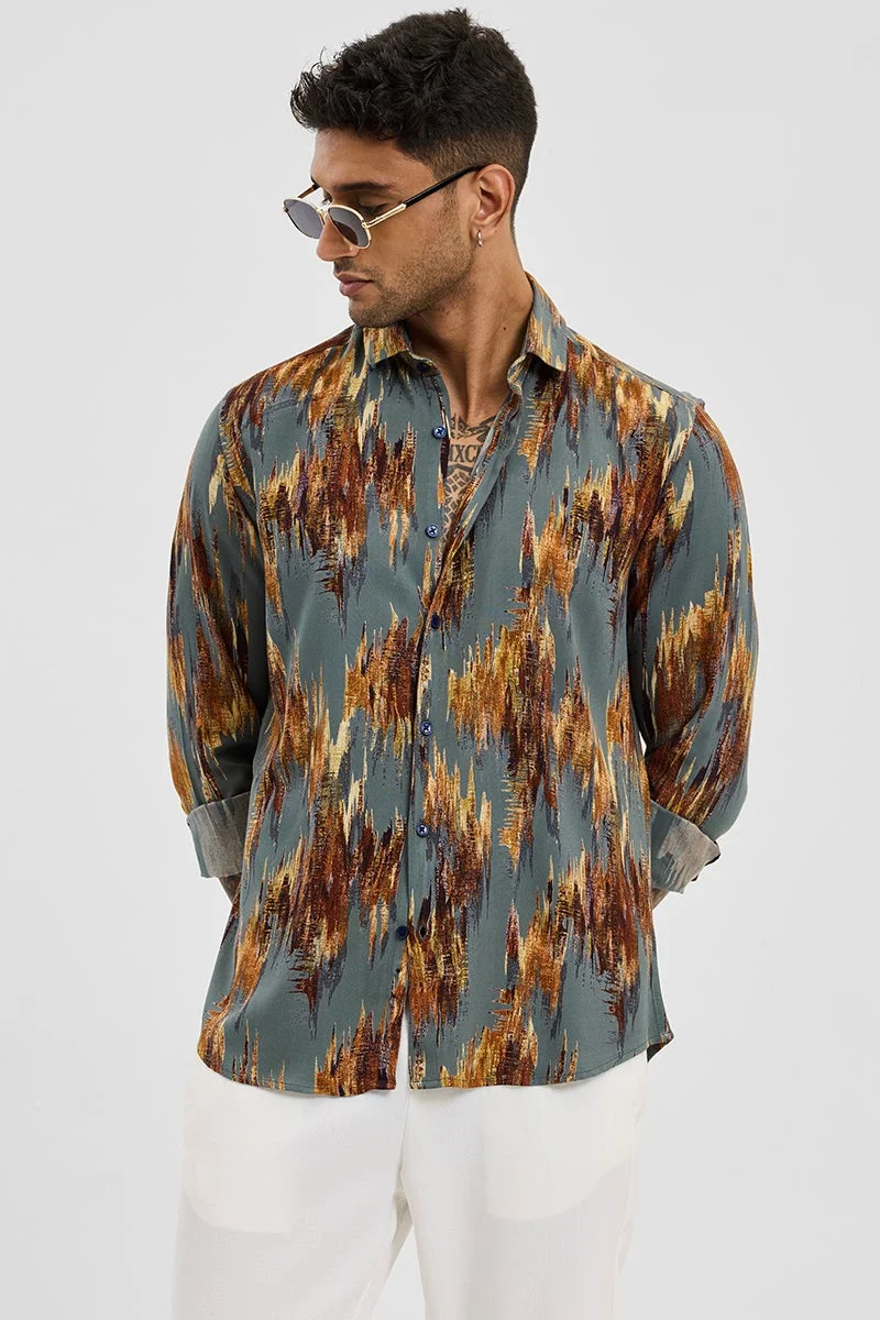 SNITCH Blue Abstract Long Sleeve Slim Fit Casual Shirt