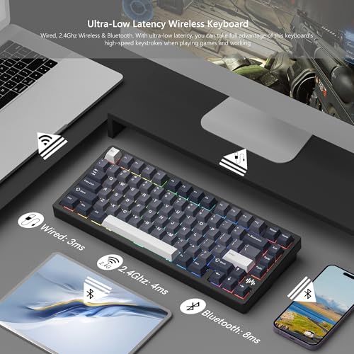 Womier لوحة مفاتيح الألعاب اللاسلكية Womier RD75 Pro بنسبة 75% ، لوحة مفاتيح ألومنيوم قابلة للإفراج السريع ، لوحة مفاتيح ميكانيكية ثلاثية الوضعية قابلة للتخصيص مع RGB كريمي لنظام Windows/Mac/PC (أسود) - Image 5