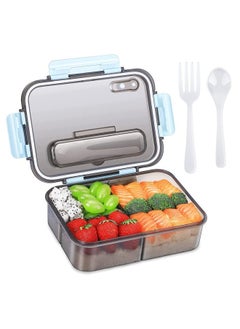 Arabest Bento Lunch Box - 3 Compartment Lunch Containers for Adults and Kids,Food Grade Plastic Lunch Box with Spoon & Fork Blue  - Image 1