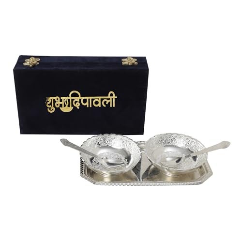 INTERNATIONAL GIFT® German Silver Designer Bowl Spoon Tray Or Carry Bag with Happy Diwali Tag with Luxury Velvet Box Packing Used for Dry Fruit, Sweets, Snacks and Return Gifts - Image 2
