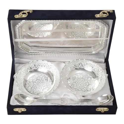 INTERNATIONAL GIFT® German Silver Designer Bowl Spoon Tray Or Carry Bag with Happy Diwali Tag with Luxury Velvet Box Packing Used for Dry Fruit, Sweets, Snacks and Return Gifts - Image 4