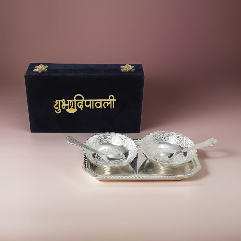 INTERNATIONAL GIFT® German Silver Designer Bowl Spoon Tray Or Carry Bag with Happy Diwali Tag with Luxury Velvet Box Packing Used for Dry Fruit, Sweets, Snacks and Return Gifts - Image 1