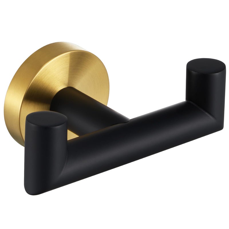 Angle Simple Double Towel Hook, Stainless Steel Hand Towel Holder for Bathroom, Coat Hook for Wall, Black and Gold - Image 1