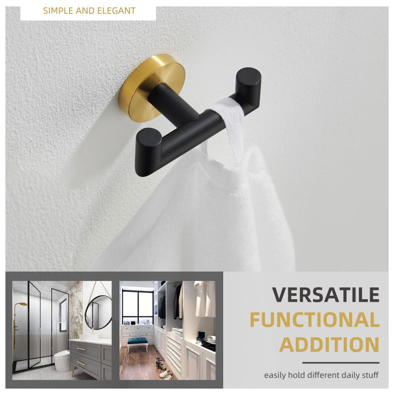 Angle Simple Double Towel Hook, Stainless Steel Hand Towel Holder for Bathroom, Coat Hook for Wall, Black and Gold - Image 3