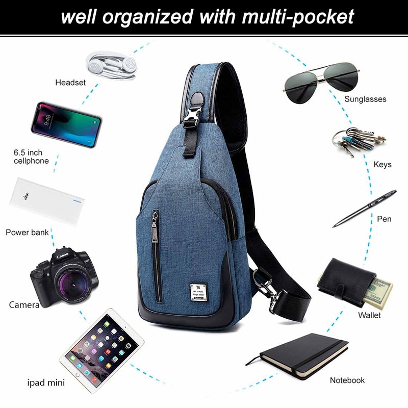 tuowan Small Sling Bag Crossbody Backpack Over the Shoulder Bag for Men Women Travel Outdoors, Lightweight Sling Chest Pack (Large, Blue) - Image 2