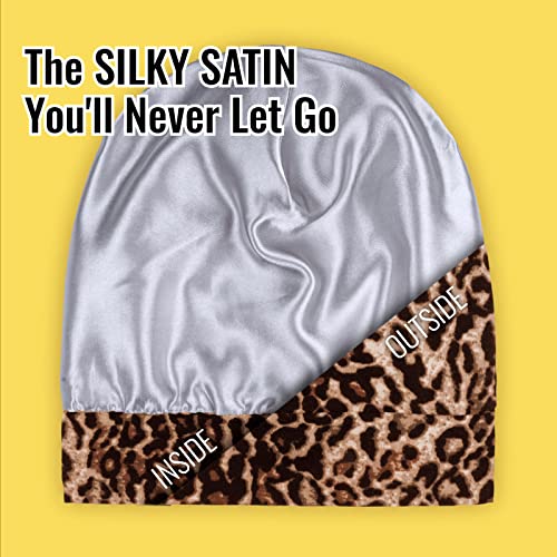 PARISBELLA Satin Lined Sleep Cap Bonnet for Curly Hair and Braids Stay On All Night Hair Wrap with Adjustable Strap for Women and Men Brown Leopard Pack of 1 - Image 3