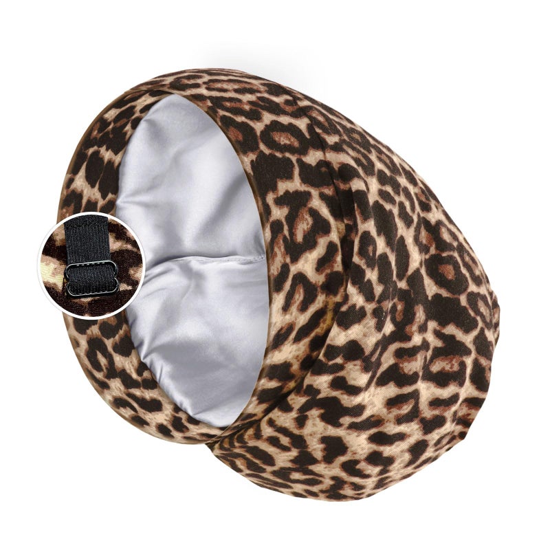PARISBELLA Satin Lined Sleep Cap Bonnet for Curly Hair and Braids Stay On All Night Hair Wrap with Adjustable Strap for Women and Men Brown Leopard Pack of 1 - Image 2