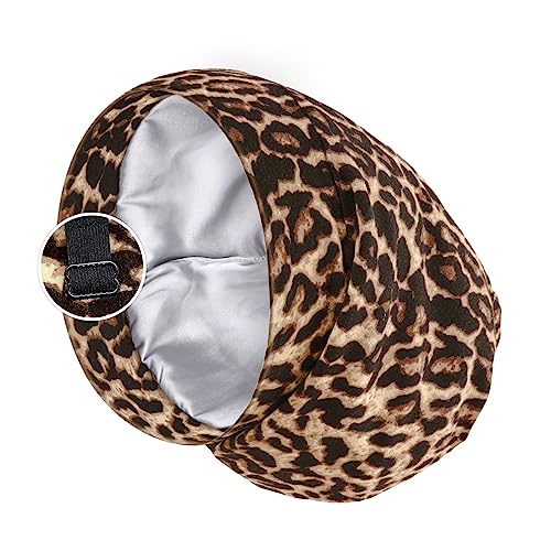 PARISBELLA Satin Lined Sleep Cap Bonnet for Curly Hair and Braids Stay On All Night Hair Wrap with Adjustable Strap for Women and Men Brown Leopard Pack of 1 - Image 1