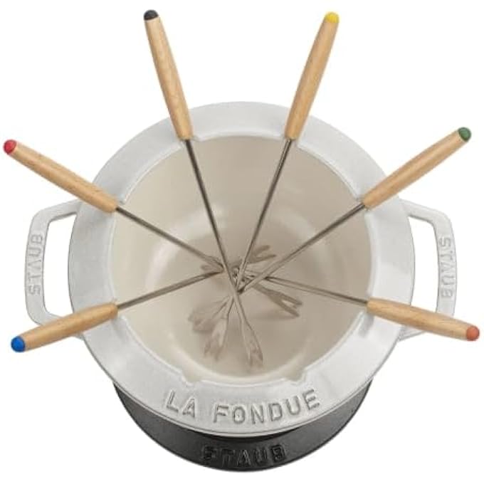 ريحني مجموعة فوندو 20 سم من وايت ترافل 23 لتر من الحديد المصهر المطلي بالمينا مقاومة للصدأ مع مجموعة ممتازة من احتفاظ الحرارة، وعاء فوندو 6 شوكات وحامل حامل موقد صنع في فرنسا - Image 1