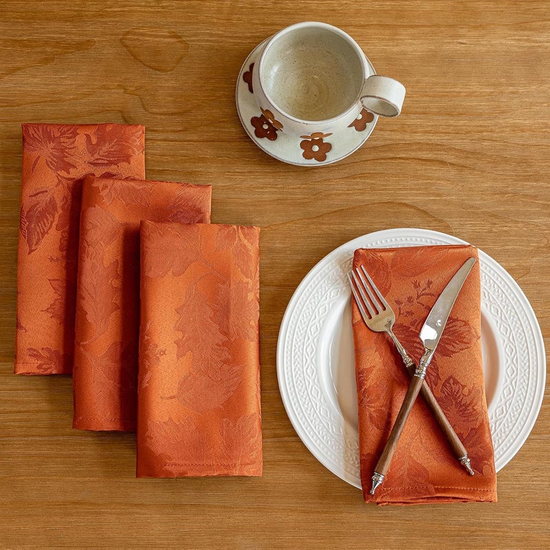 Joyfol Day Fall Thanksgiving Cloth Napkins 18 x 18 Inch Jacquard Fabric Autumn Rust Washable Napkins Set of 4 Countryside Leaves Dinner Napkins for HarvestFestival Party Decoration - Image 1