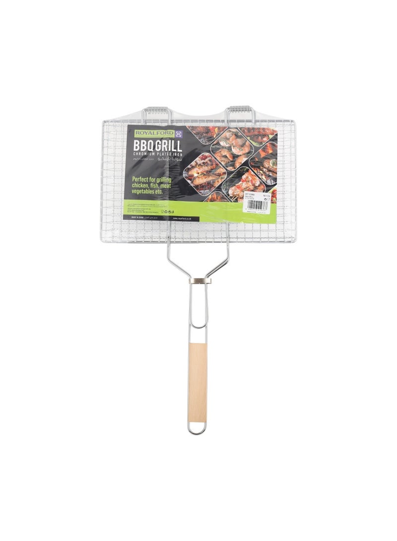Royalford Barbeque Grill with Wooden Handle Folding Portable BBQ Grill Basket for Fish Vegetables Shrimp, Larger Grilling Area, Lockable Grate Silver - Image 1