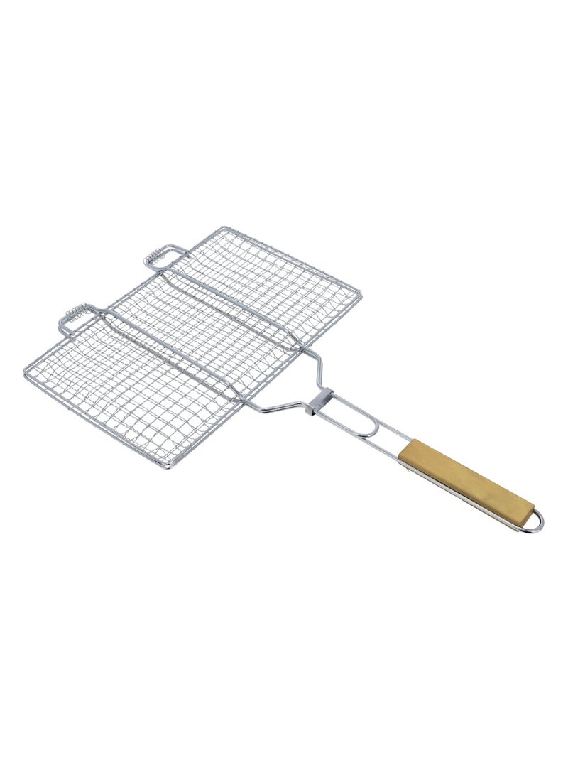 Royalford Barbeque Grill with Wooden Handle Folding Portable BBQ Grill Basket for Fish Vegetables Shrimp, Larger Grilling Area, Lockable Grate Silver - Image 4