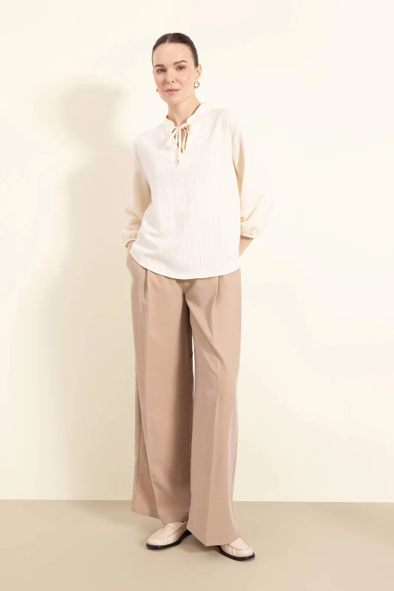 ديفاكتو Regular Fit Crew Neck Long Sleeve Blouse