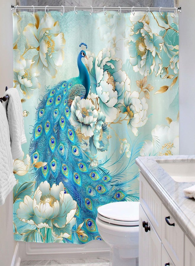 Riyidecor Peacock Floral Shower Curtain for Bathroom Decor 72Wx72H Teal Flowers Luxury Beautiful White Gold Peony Rose Women Girls Elegant Art Fabric Polyester Waterproof 12 Pack Plastic Hooks - Image 4