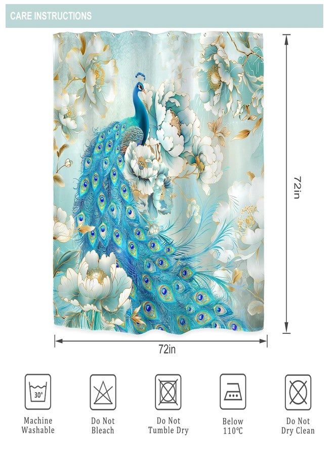 Riyidecor Peacock Floral Shower Curtain for Bathroom Decor 72Wx72H Teal Flowers Luxury Beautiful White Gold Peony Rose Women Girls Elegant Art Fabric Polyester Waterproof 12 Pack Plastic Hooks - Image 5