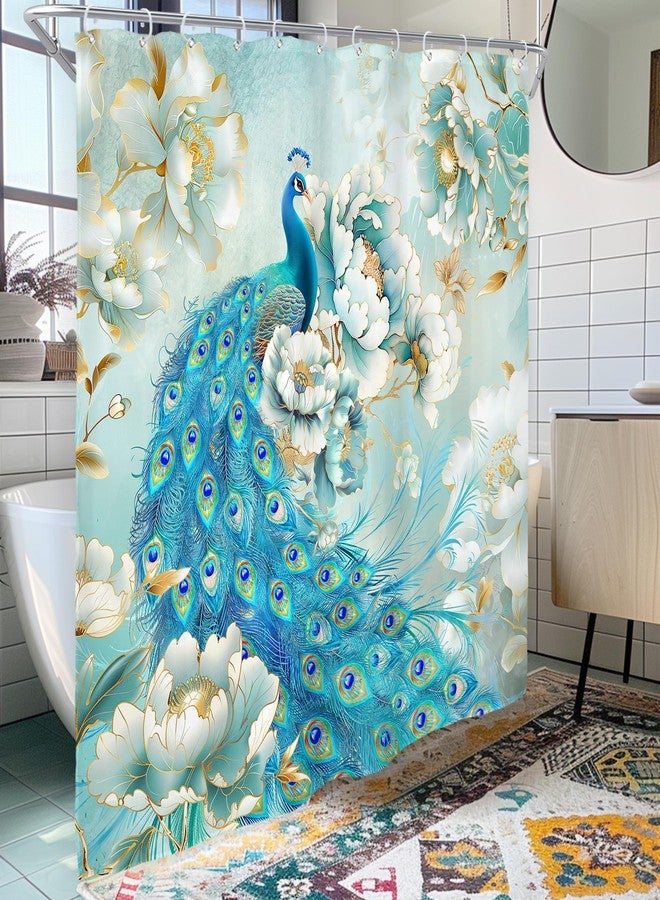 Riyidecor Peacock Floral Shower Curtain for Bathroom Decor 72Wx72H Teal Flowers Luxury Beautiful White Gold Peony Rose Women Girls Elegant Art Fabric Polyester Waterproof 12 Pack Plastic Hooks - Image 2