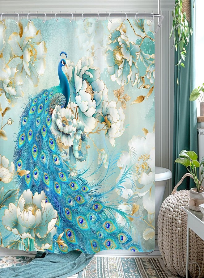 Riyidecor Peacock Floral Shower Curtain for Bathroom Decor 72Wx72H Teal Flowers Luxury Beautiful White Gold Peony Rose Women Girls Elegant Art Fabric Polyester Waterproof 12 Pack Plastic Hooks - Image 1