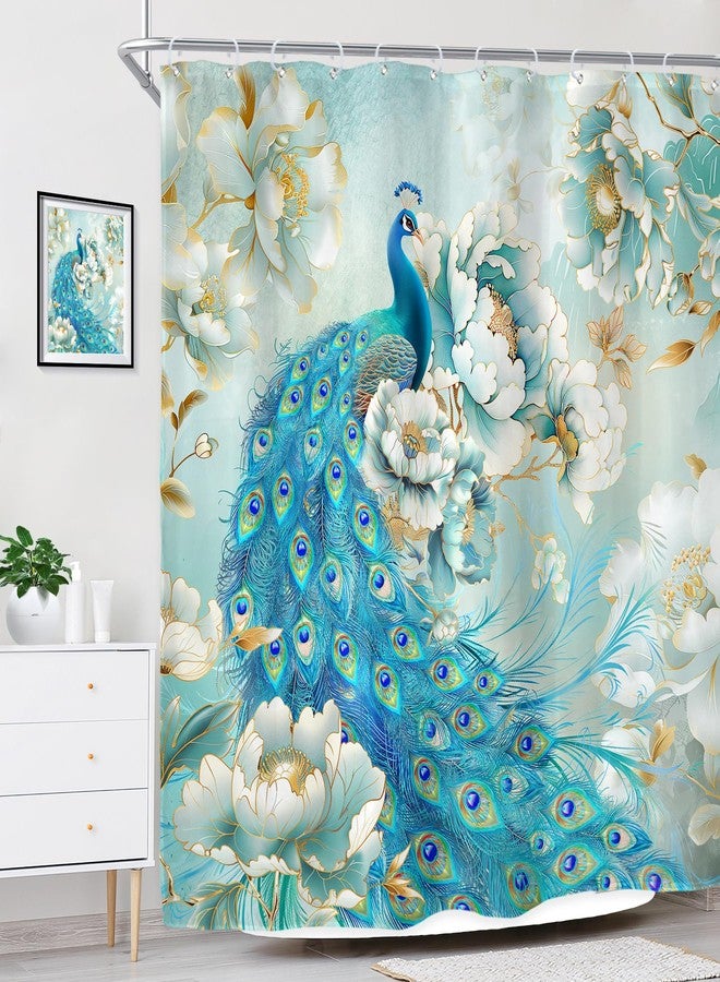 Riyidecor Peacock Floral Shower Curtain for Bathroom Decor 72Wx72H Teal Flowers Luxury Beautiful White Gold Peony Rose Women Girls Elegant Art Fabric Polyester Waterproof 12 Pack Plastic Hooks - Image 3
