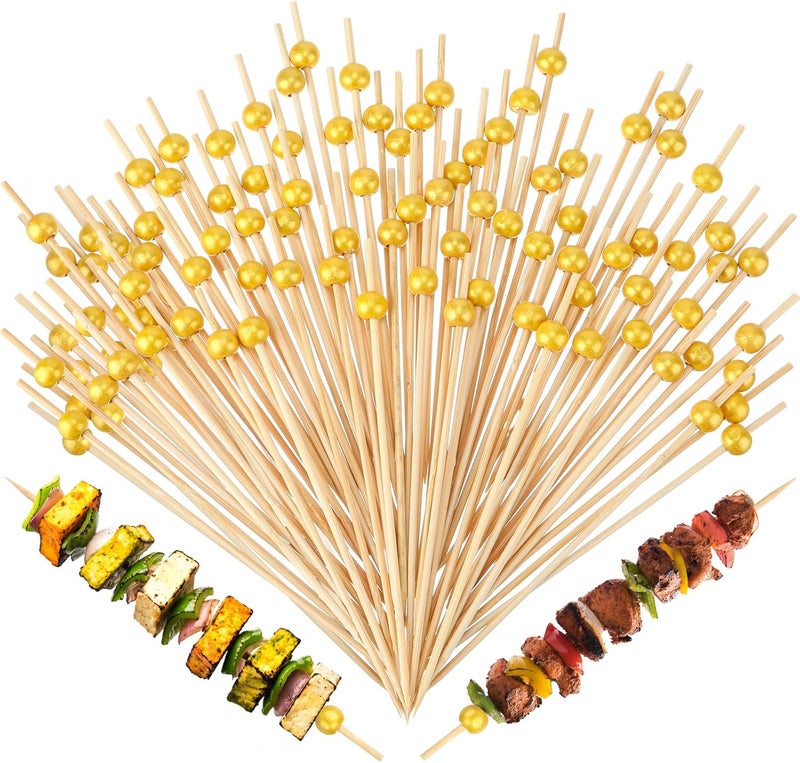 LOYIM 100 Pcs 6 Inch Long Cocktail Picks Fancy Toothpicks for Appetizer Bamboo Cocktail Sticks for Drink Dessert Fruit Barbecue Pearl Skewers for Party Decor Charcuterie Boards Accessories (Gold) - Image 1