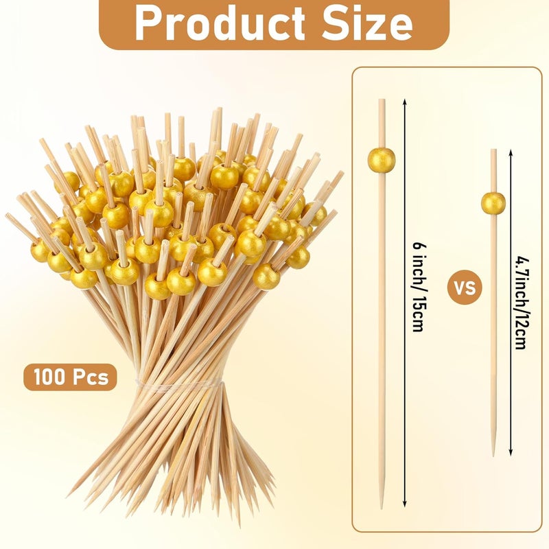 LOYIM 100 Pcs 6 Inch Long Cocktail Picks Fancy Toothpicks for Appetizer Bamboo Cocktail Sticks for Drink Dessert Fruit Barbecue Pearl Skewers for Party Decor Charcuterie Boards Accessories (Gold) - Image 2