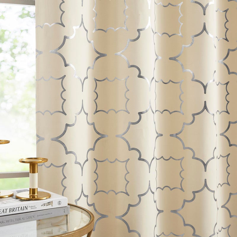 Purainbow Beige Blackout Curtain Panels for Bedroom 84" Silver Foil Moroccan Metallic Print Energy Efficient Drapes for Bedroom Living Room, Thermal Insulated Window Treatments Grommet Top 2 Panels - Image 2