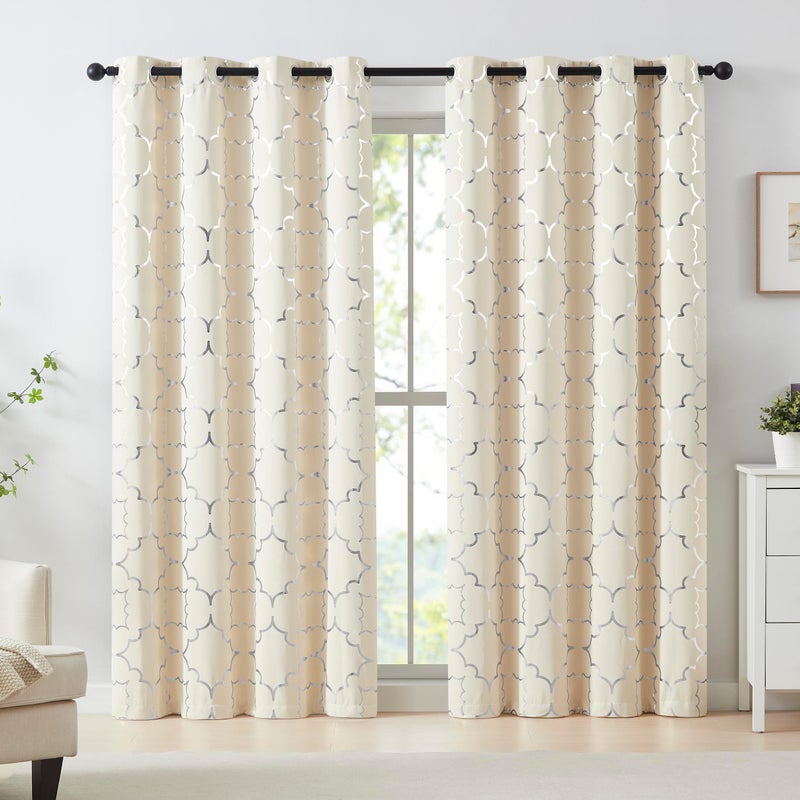 Purainbow Beige Blackout Curtain Panels for Bedroom 84" Silver Foil Moroccan Metallic Print Energy Efficient Drapes for Bedroom Living Room, Thermal Insulated Window Treatments Grommet Top 2 Panels - Image 1