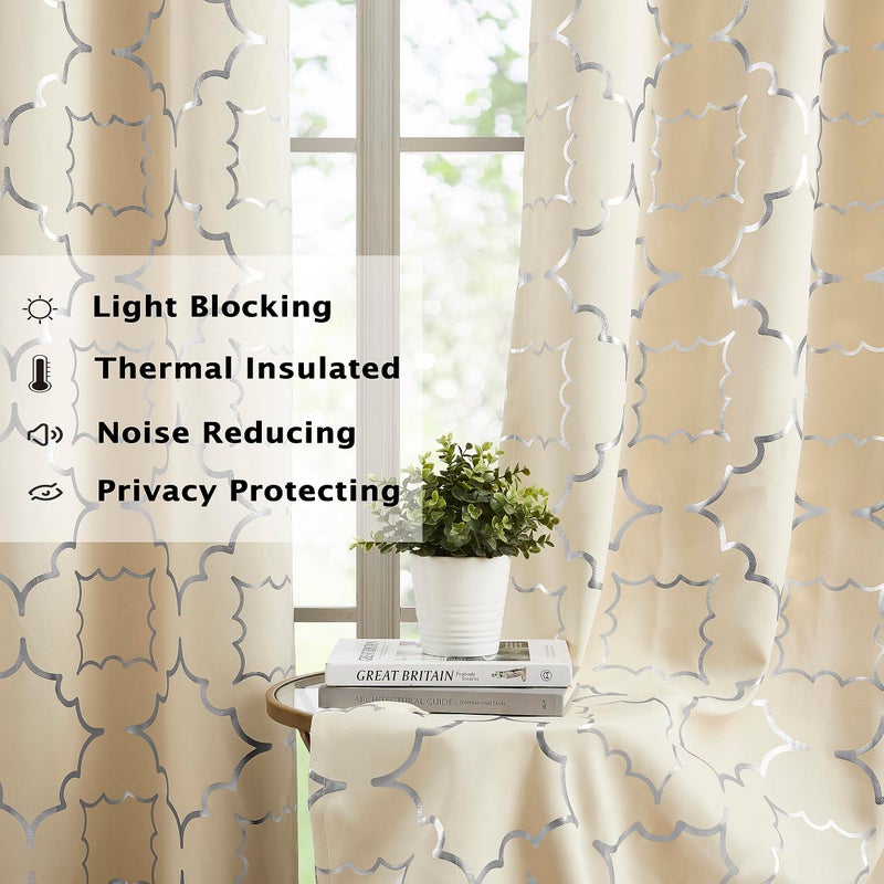 Purainbow Beige Blackout Curtain Panels for Bedroom 84" Silver Foil Moroccan Metallic Print Energy Efficient Drapes for Bedroom Living Room, Thermal Insulated Window Treatments Grommet Top 2 Panels - Image 3